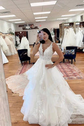 A-Line Tiered Lace Beach Wedding Dresses Tulle V Neck Applique - MyChicDress